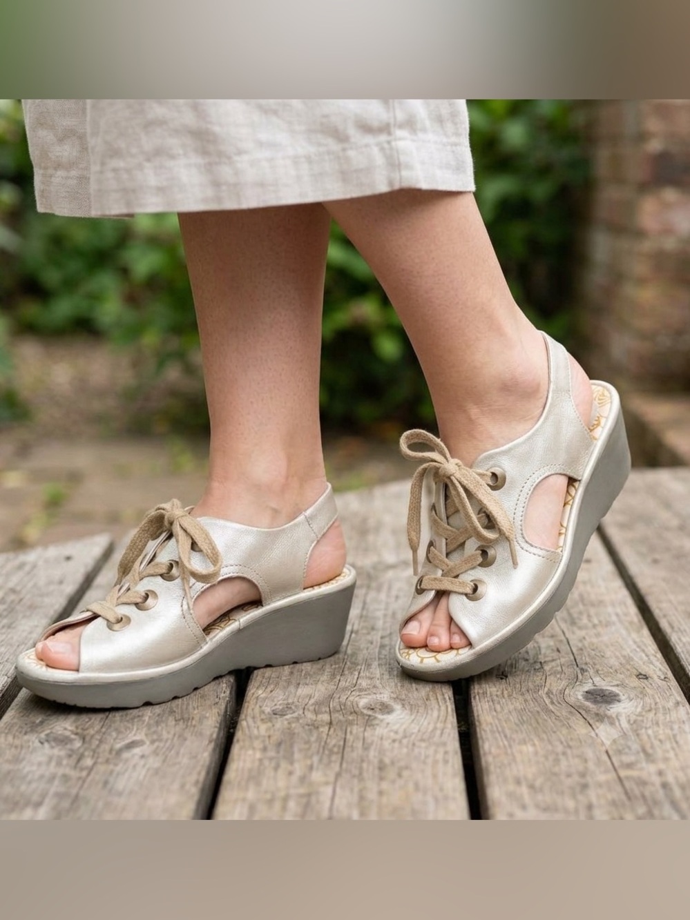 Fly London Ylva Metallic Wedge Sandals Platform Lace Up Peep Toe Shoes